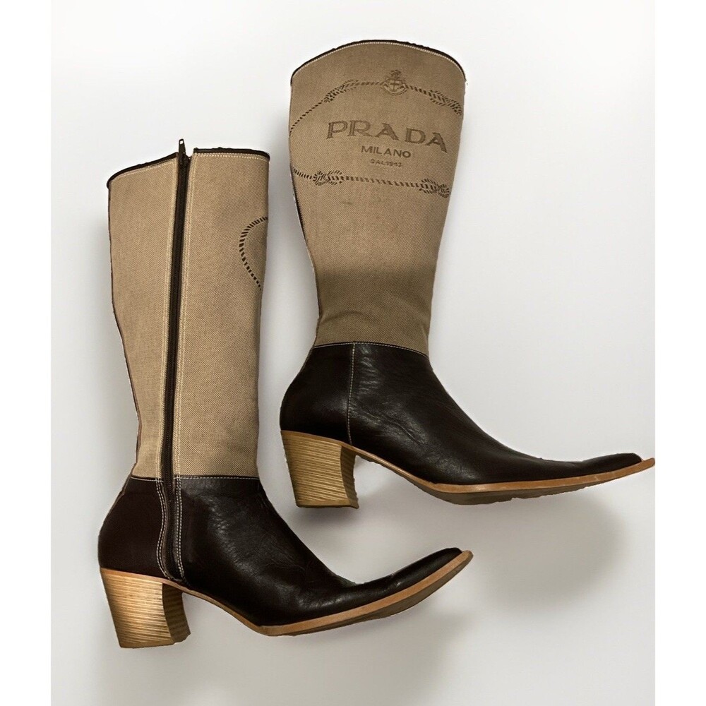 Prada Two-Tone Brown and Beige Pointed-Toe Knee Boots - Picture 5 of 10